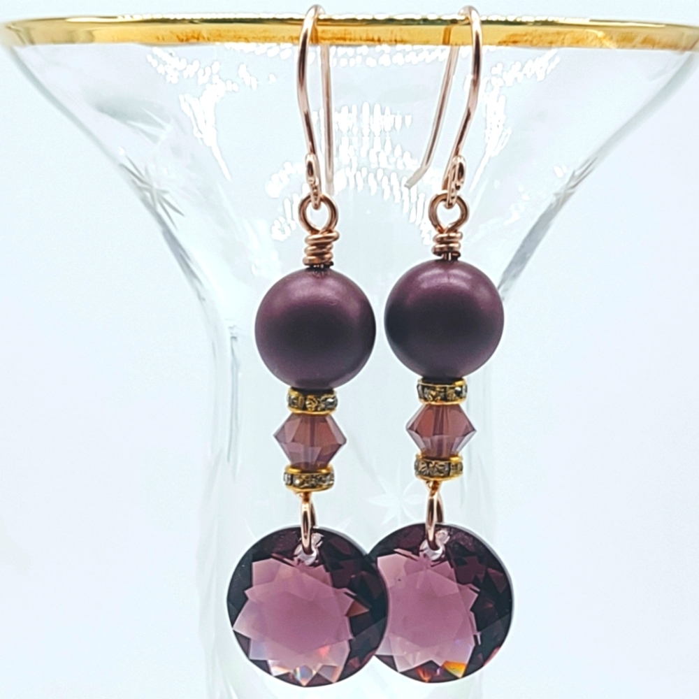 14k Rose Gold Fill Amethyst Crystal Pearl Drop Earrings